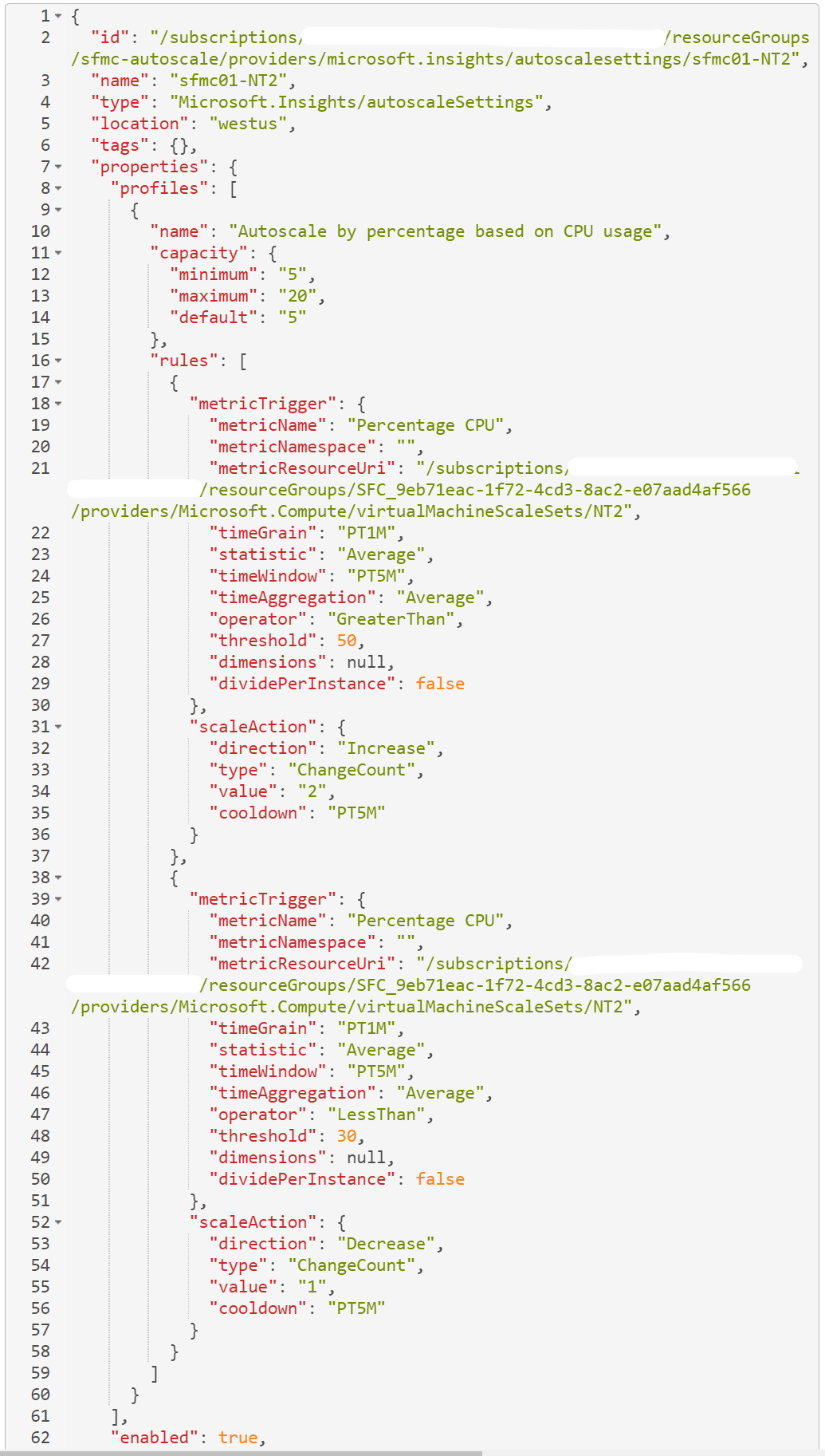 Exemple de détails de la mise à l’échelle automatique d’un type de nœud dans Azure Resource Explorer