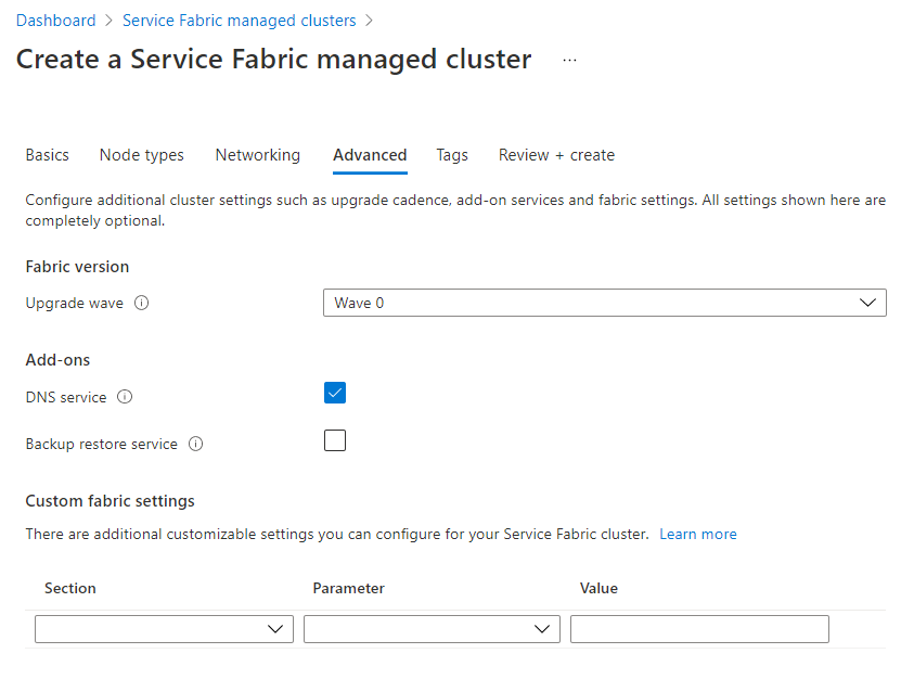 Choisissez entre les différentes vagues disponibles lors de la création d’un cluster dans le portail Azure à partir des options « Avancées ».