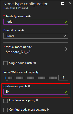 Configuration de type nœud Service Fabric avec le point de terminaison personnalisé