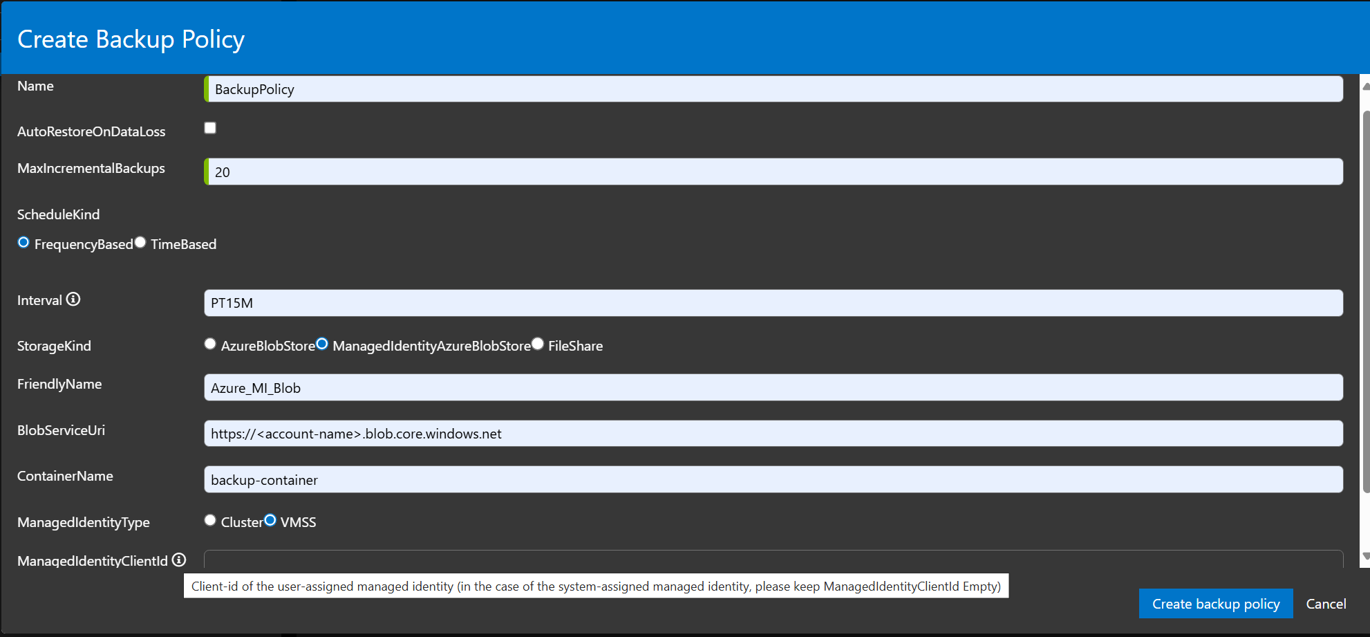 Créer une identité managée de stratégie de sauvegarde Stockage Blob Azure