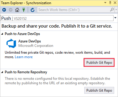 Capture d’écran de la fenêtre de synchronisation de Team Explorer dans Visual Studio. Sous Envoyer (push) à Azure DevOps, le bouton Publier le dépôt Git est mis en évidence.