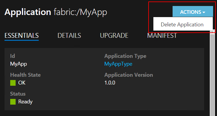 Suppression d’une application dans Service Fabric Explorer