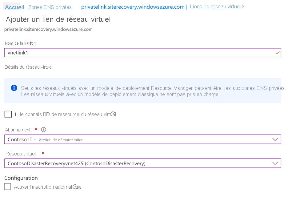 Capture d’écran représentant la page Ajouter un lien de réseau virtuel.