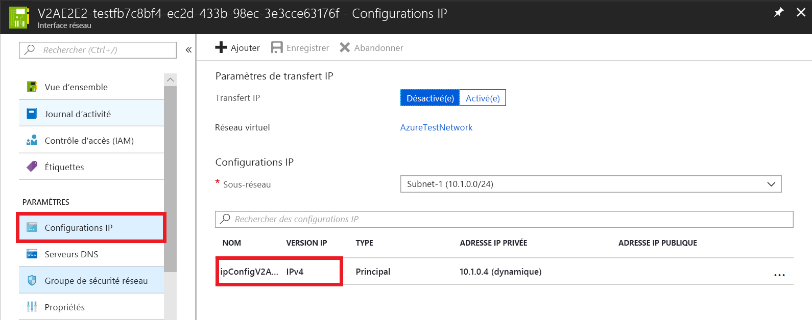 Capture d'écran représentant la page Configurations d'adresses IP de l'interface réseau, sur laquelle le nom de la configuration d'adresses IP est sélectionné.