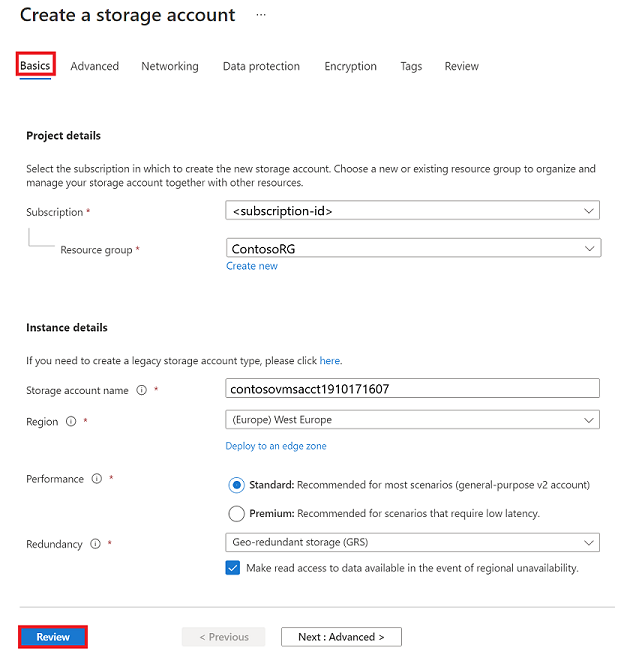 Capture d’écran montrant un exemple d’options Créer un compte de stockage.