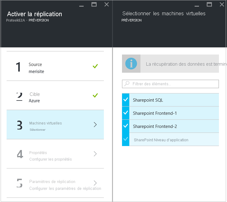 Fenêtre de sélection des machines virtuelles pour l’activation de la réplication