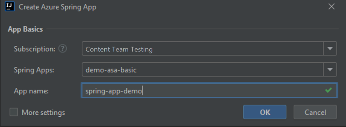 Capture d’écran de la boîte de dialogue Créer une application Azure Spring d’IntelliJ IDEA avec le champ Nom de l’application mis en évidence.