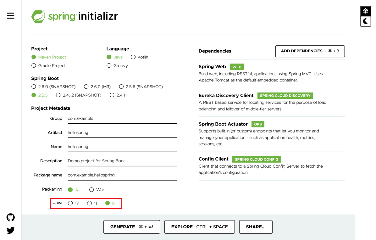 Capture d’écran de la page Spring Initializr montrant les paramètres recommandés.