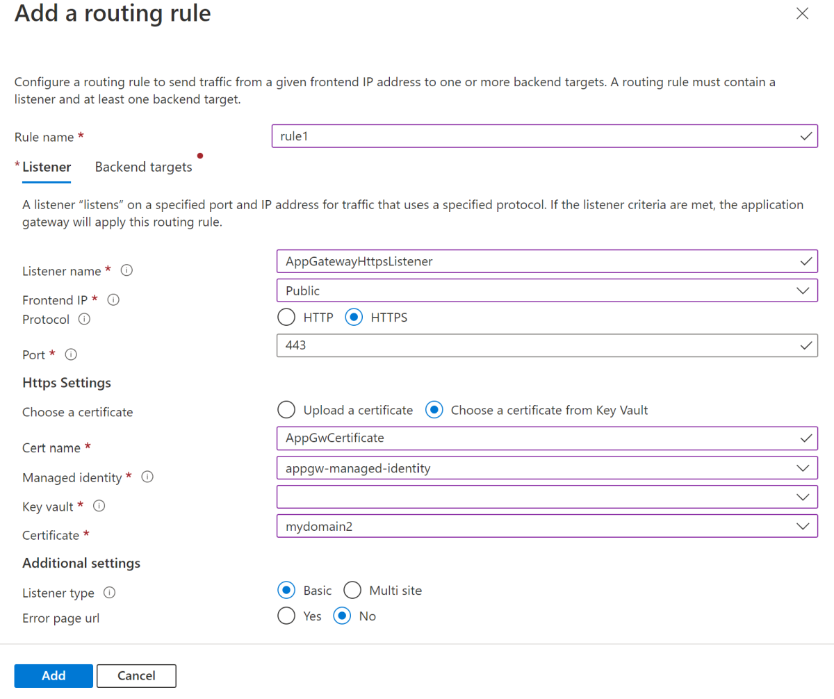 Capture d’écran de la page « Ajouter une règle d’acheminement » du Portail Azure.