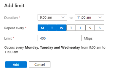 Capture d’écran d’une boîte de dialogue du Portail Azure montrant les entrées permettant de définir une limite pour une période personnalisée.