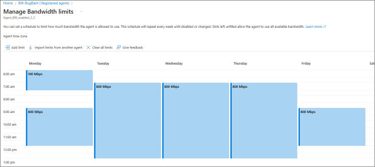 Capture d’écran d’une boîte de dialogue du Portail Azure montant un calendrier, similaire à Outlook, avec des fenêtres de limitation de bande passante planifiées.