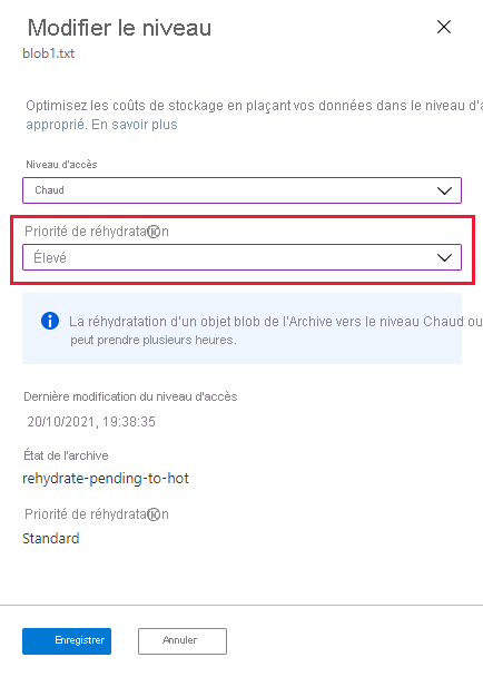 Screenshot showing how to update the rehydration priority for a rehydrating blob in Azure portal.