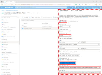 Screenshot showing how to generate a SAS for a container within the Azure portal.