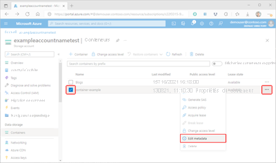 Screenshot showing how to access container metadata within the Azure portal.