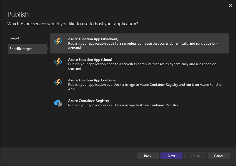 Capture d’écran montrant comment choisir Azure Functions comme cible de déploiement.