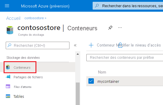 emplacement des conteneurs du compte de stockage dans le portail Azure