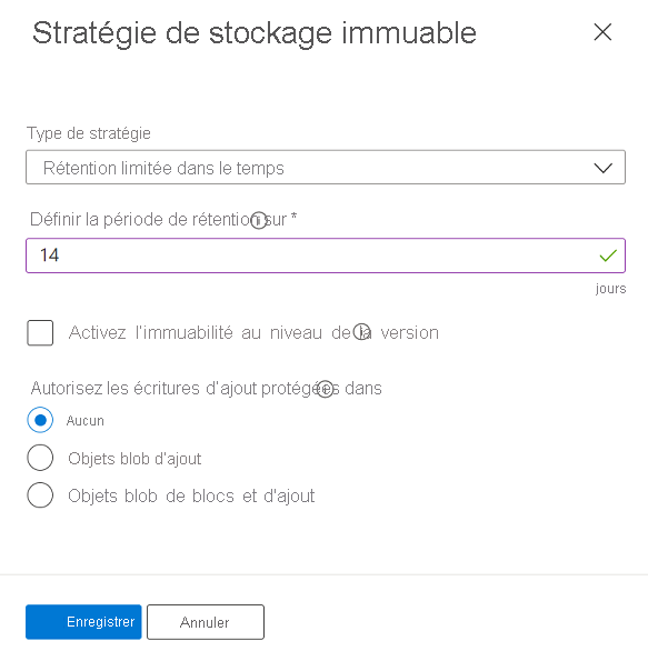 Capture d’écran montrant comment configurer une stratégie d’immuabilité limitée au conteneur.