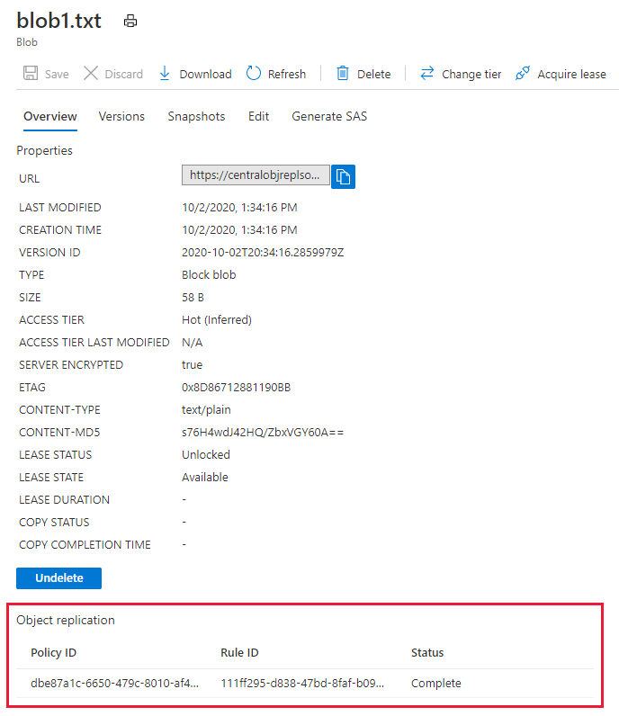 Screenshot showing replication status for a blob in the source account