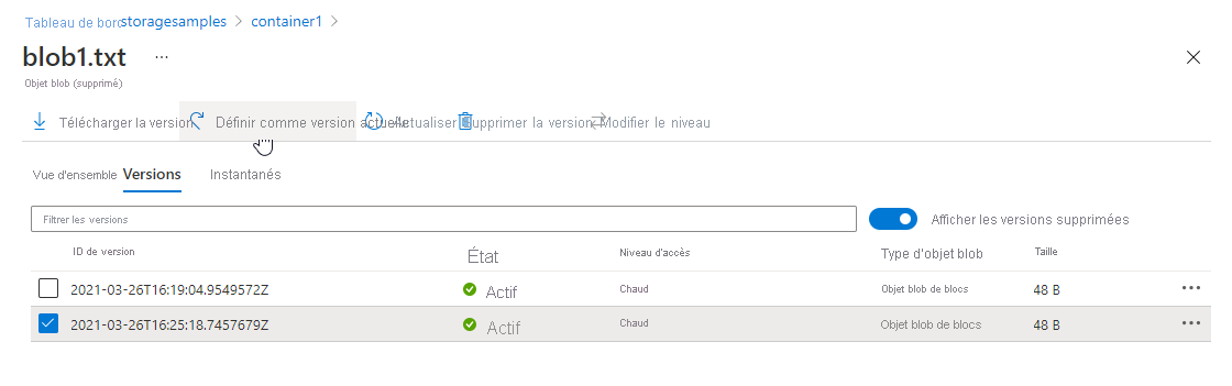 Capture d’écran montrant comment promouvoir une version pour restaurer un objet blob dans le portail Azure
