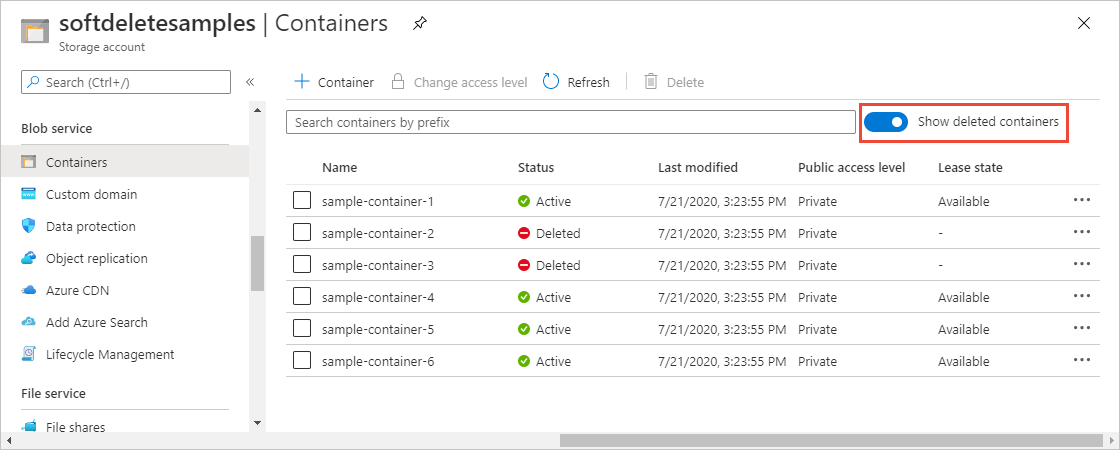 Capture d’écran montrant comment voir les conteneurs supprimés de manière réversible dans le portail Azure.