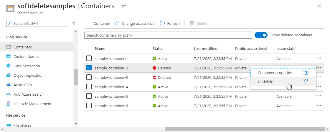 Capture d’écran montrant comment restaurer un conteneur supprimé de manière réversible dans le portail Azure