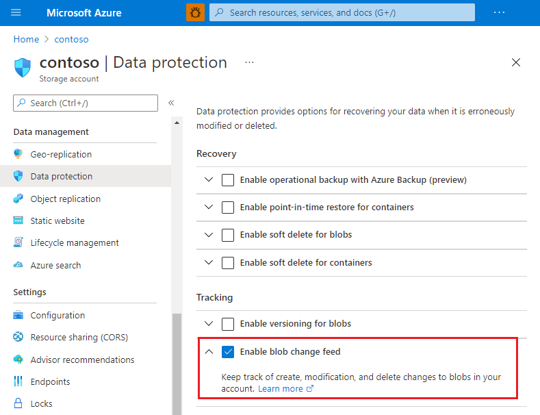 Capture d’écran représentant l’activation du flux de modification dans le portail Azure