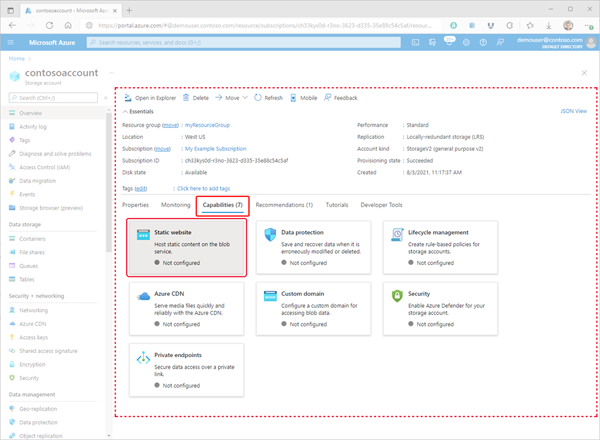 Image montrant comment accéder à la page de configuration de site web statique dans le portail Azure