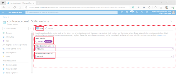 Image montrant comment définir les propriétés de site web statique dans le portail Azure