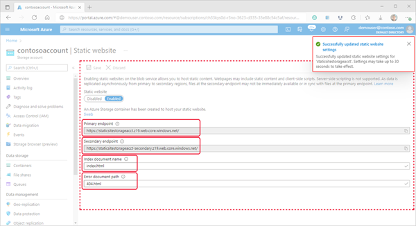 Image montrant les propriétés de site web statique dans le portail Azure