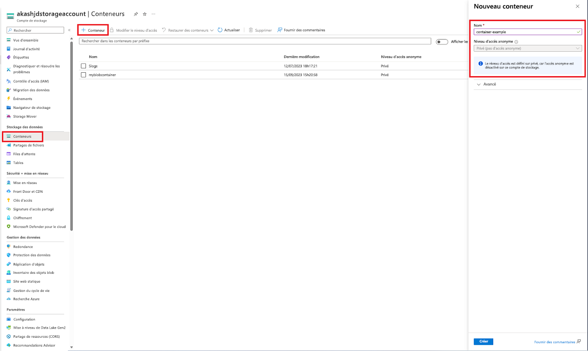 Screenshot showing how to create a container in the Azure portal