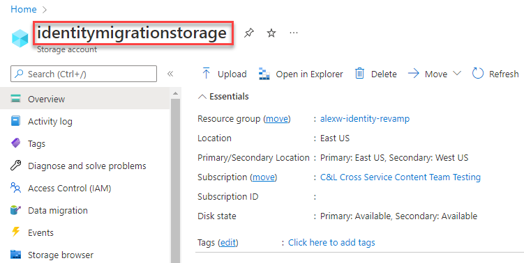 Capture d’écran montrant comment trouver le nom du compte de stockage.