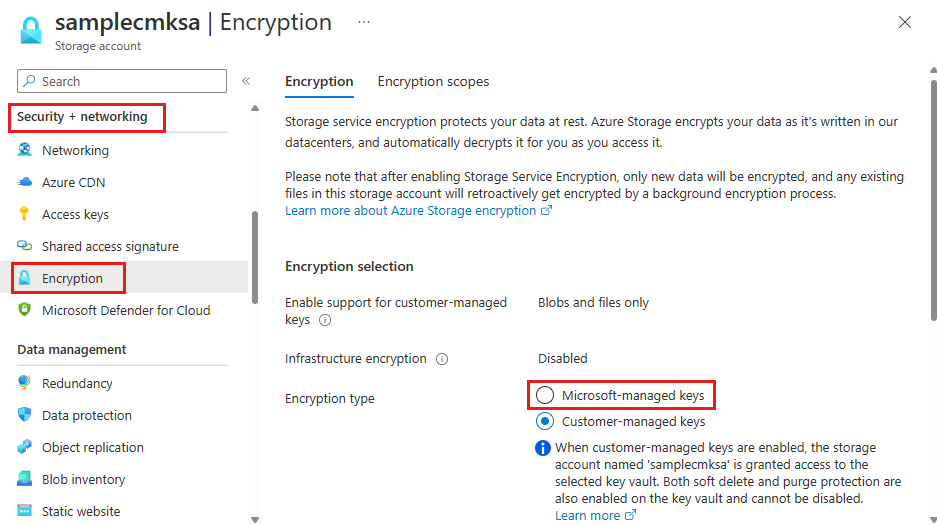 Capture d’écran montrant comment basculer vers des clés gérées par Microsoft pour un compte de stockage.