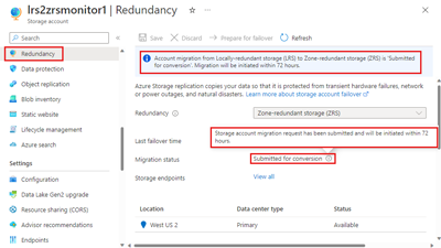 Capture d’écran montrant l’état de la demande de conversion sur la page Redondance du portail Azure.