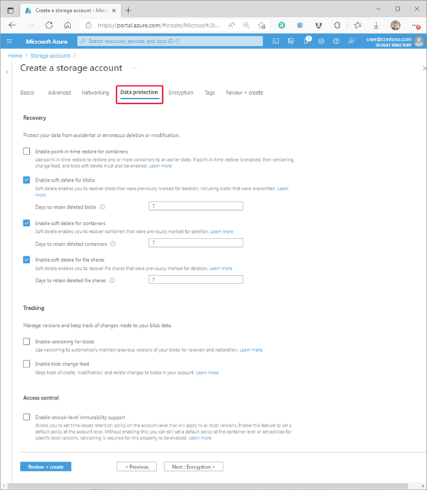 Capture d’écran montrant une configuration standard pour un nouveau compte de stockage – Onglet Protection des données