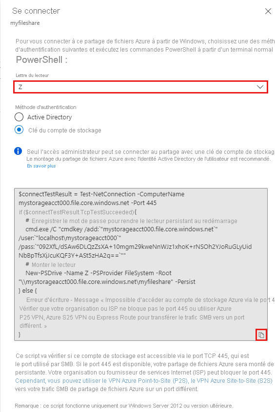 Capture d’écran du volet Se connecter, le bouton Copier du script est mis en évidence.