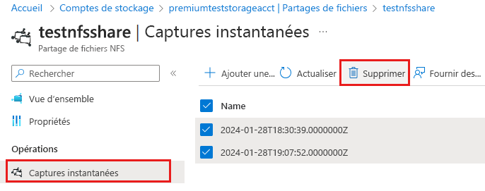 Capture d’écran de la suppression d’instantanés de partages de fichiers.