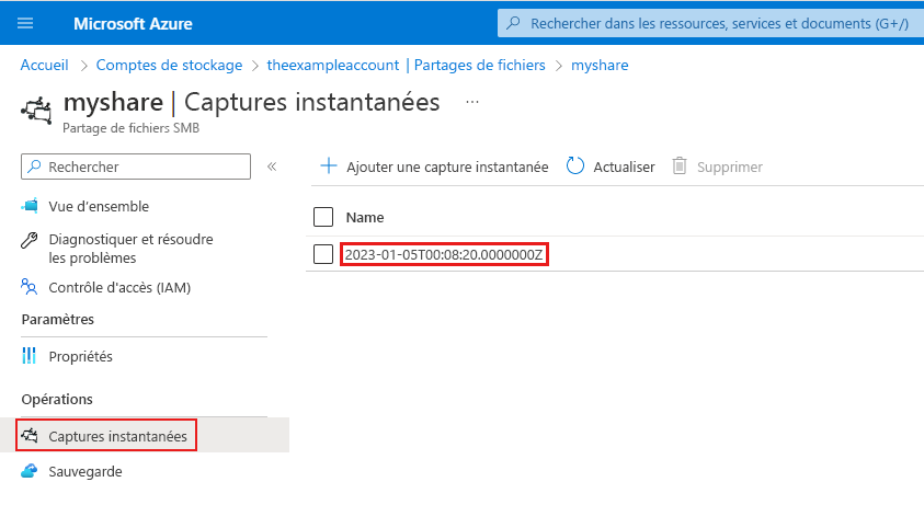 Capture d’écran montrant comment localiser le nom et l’horodatage d’un instantané de partage de fichiers dans le portail Azure.