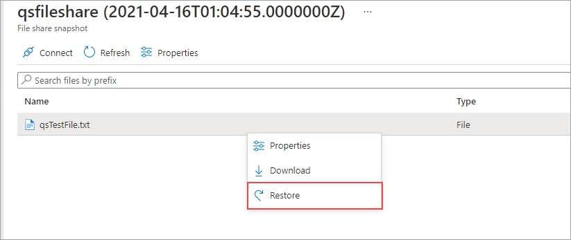 Capture d’écran de l’onglet Instantané, où qstestfile est sélectionné et où l’option Restaurer est mise en évidence.