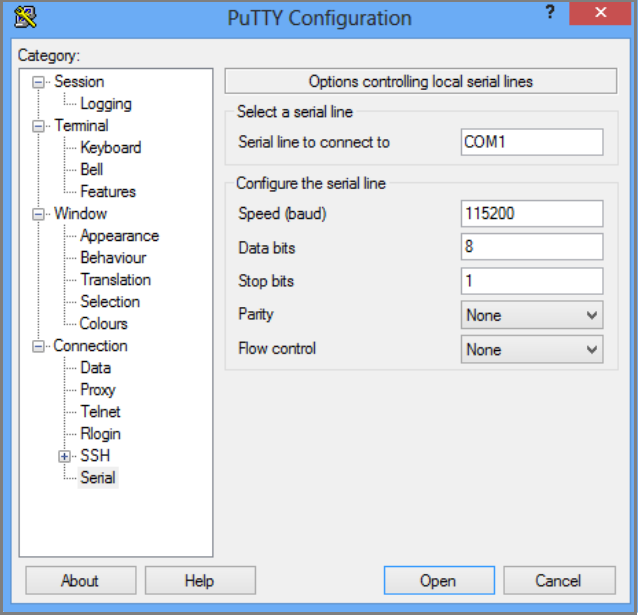 Capture d’écran d’une configuration série PuTTY