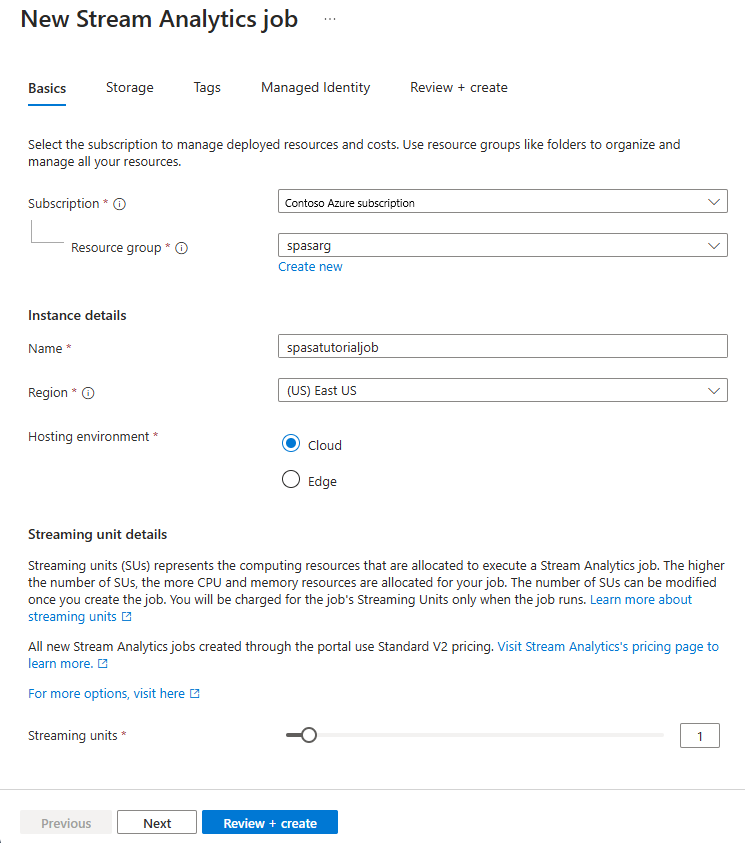 Capture d’écran montrant la page Créer un travail Azure Stream Analytics.