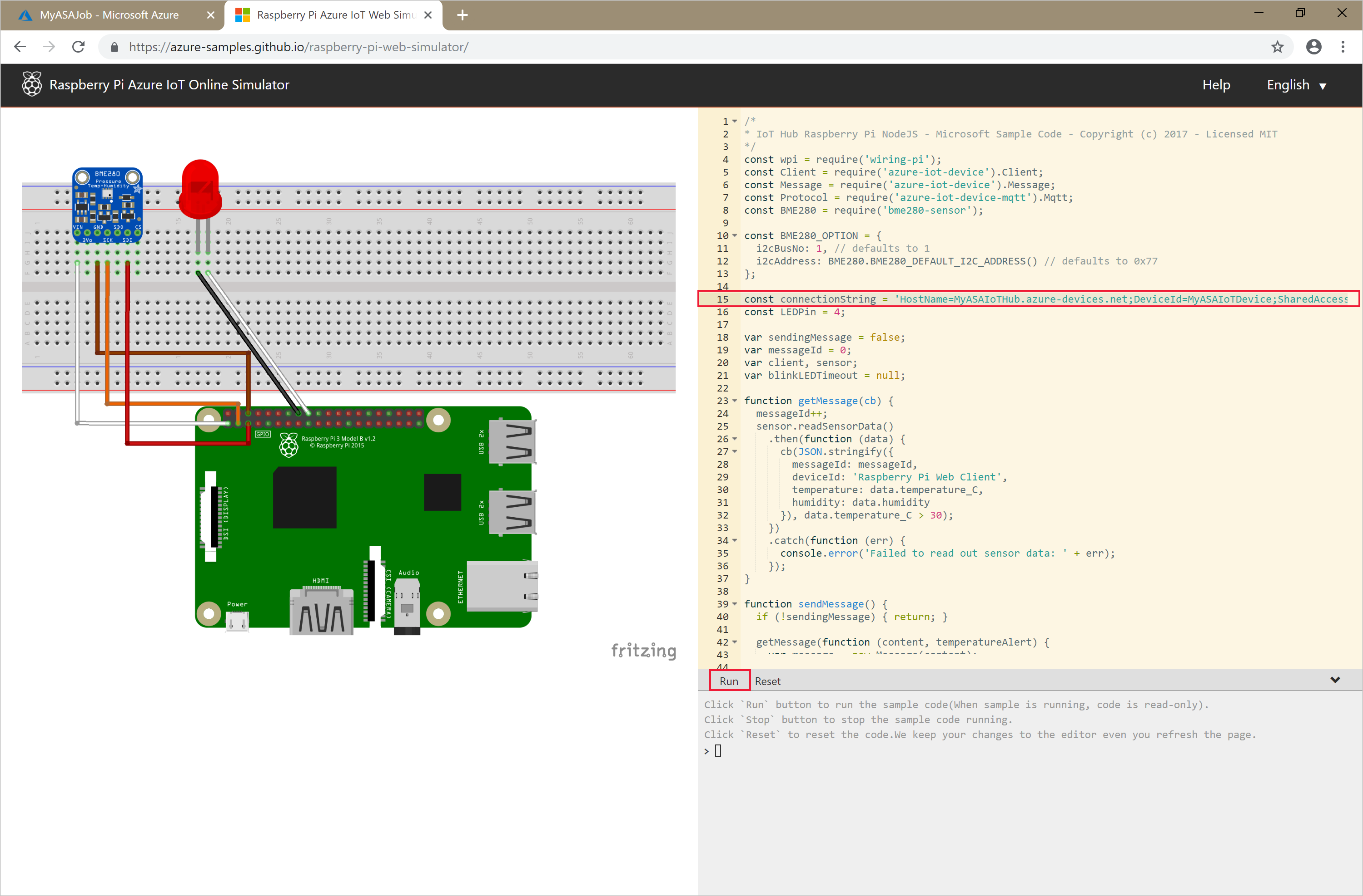 Capture d’écran montrant la page Simulateur en ligne Azure IoT Raspberry Pi.