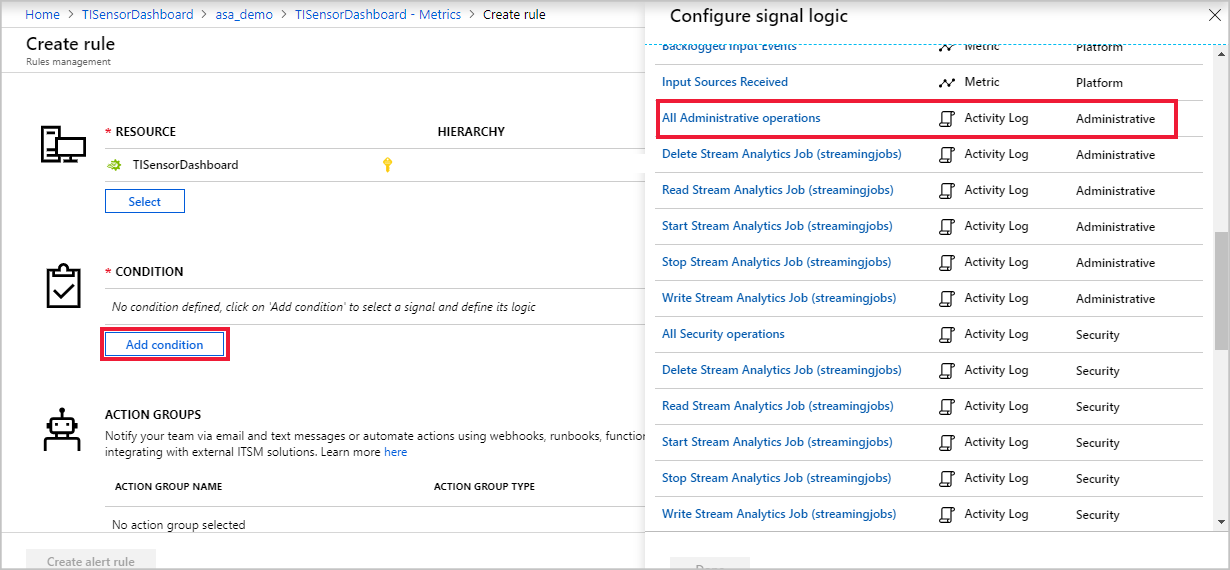 Sélectionnez le nom du signal pour l’alerte Stream Analytics