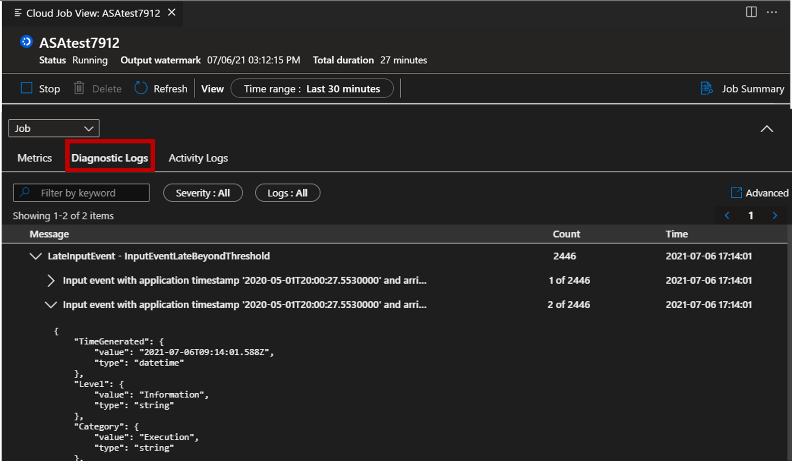 Capture d’écran de l’affichage des journaux de diagnostics via l’extension VS Code.