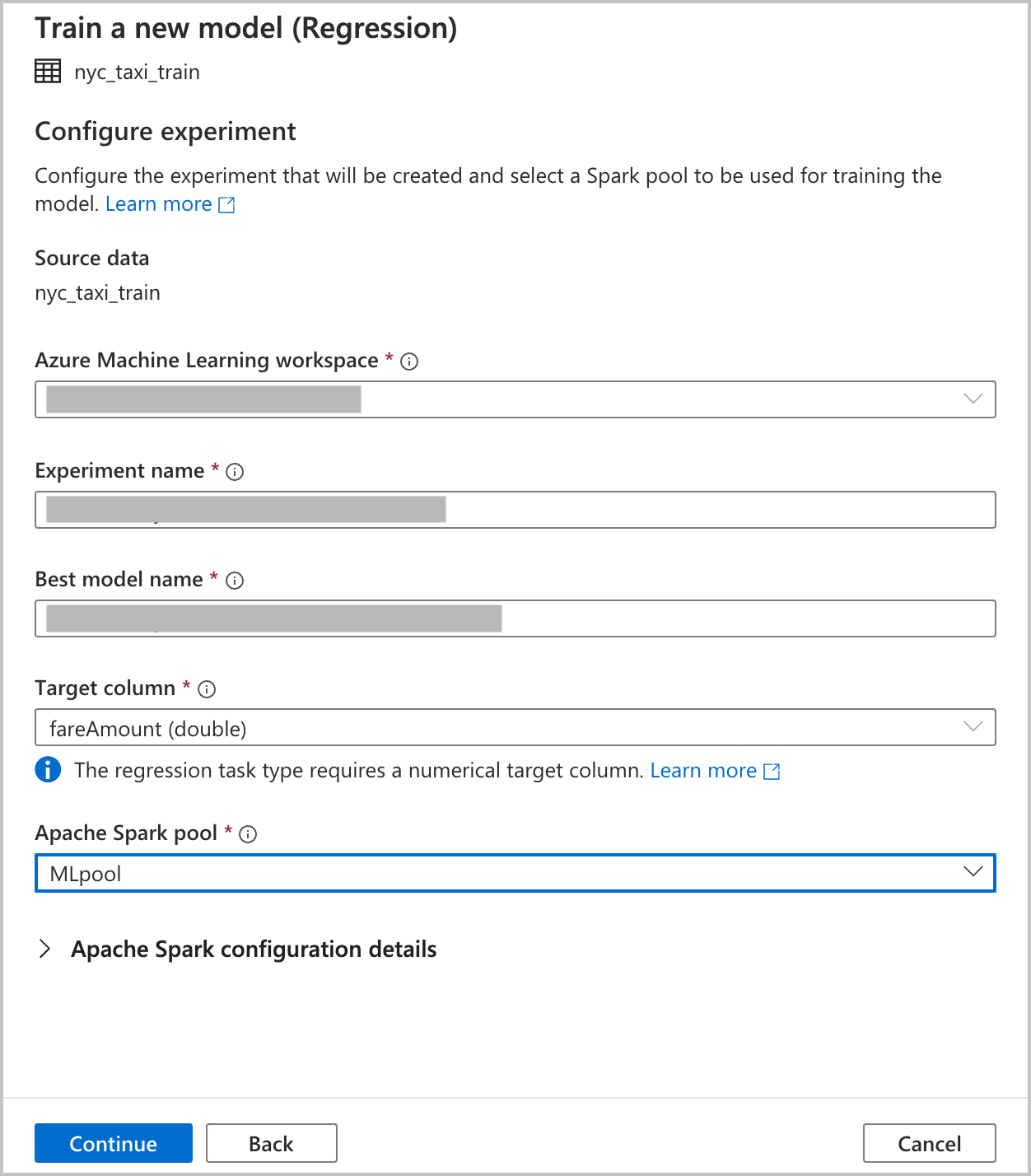 Capture d’écran des spécifications de la configuration de l’entraînement d’un modèle Machine Learning