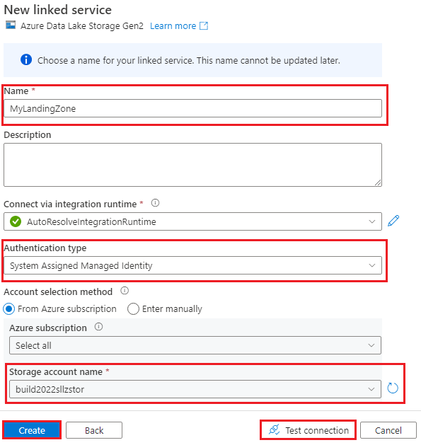 Capture d’écran montrant le nouveau service lié à Azure Data Lake Storage Gen2.