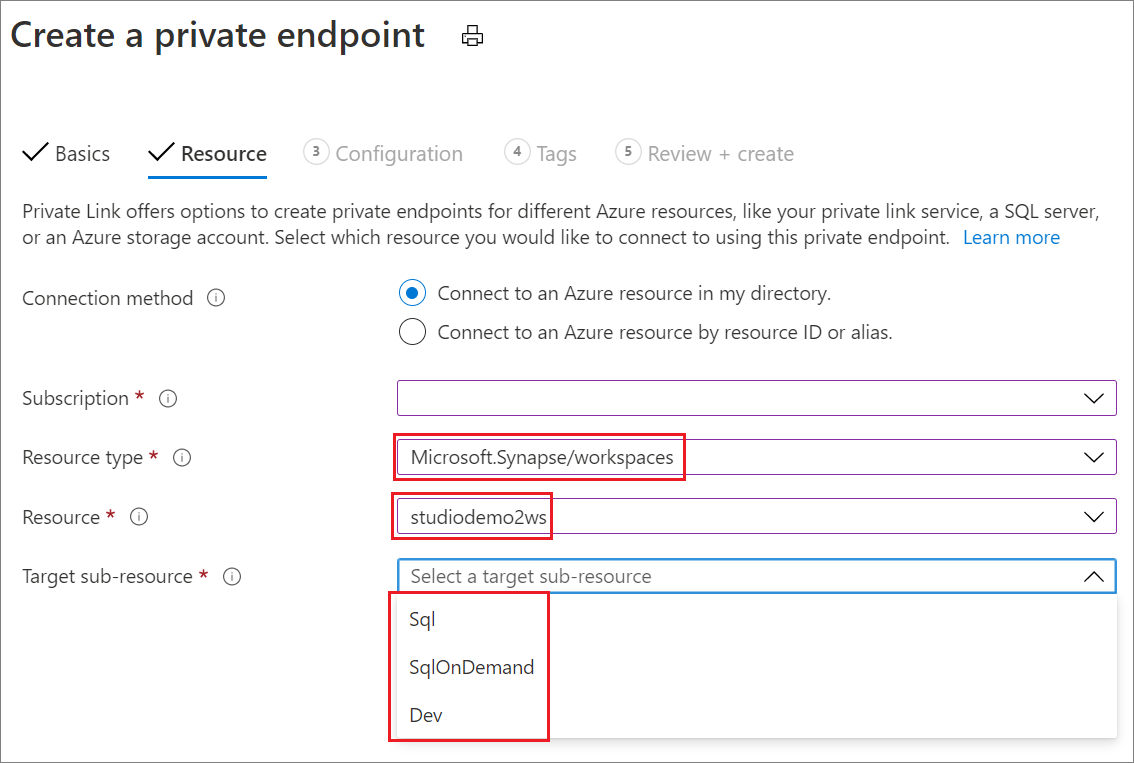 Capture d’écran de l’espace de travail montrant l’onglet Ressource de la page Créer un point de terminaison privé.