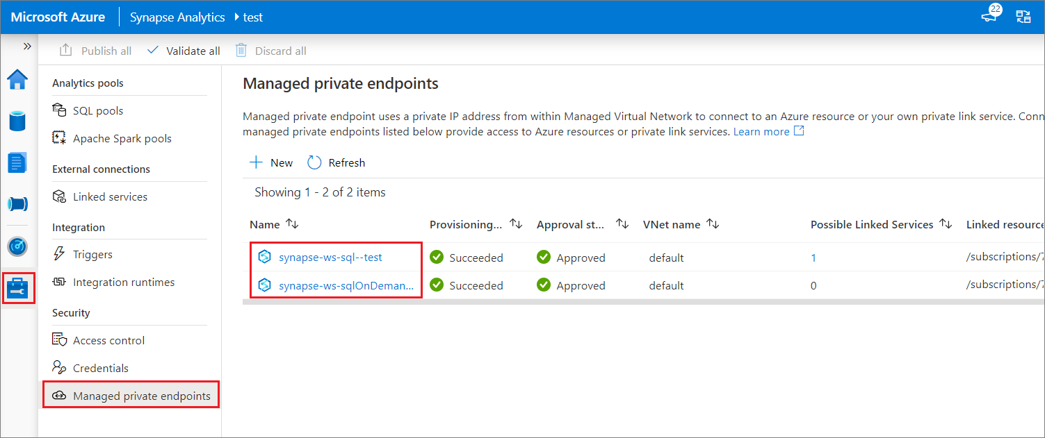 Points de terminaison privés managés pour un pool SQL dédié et un pool SQL serverless