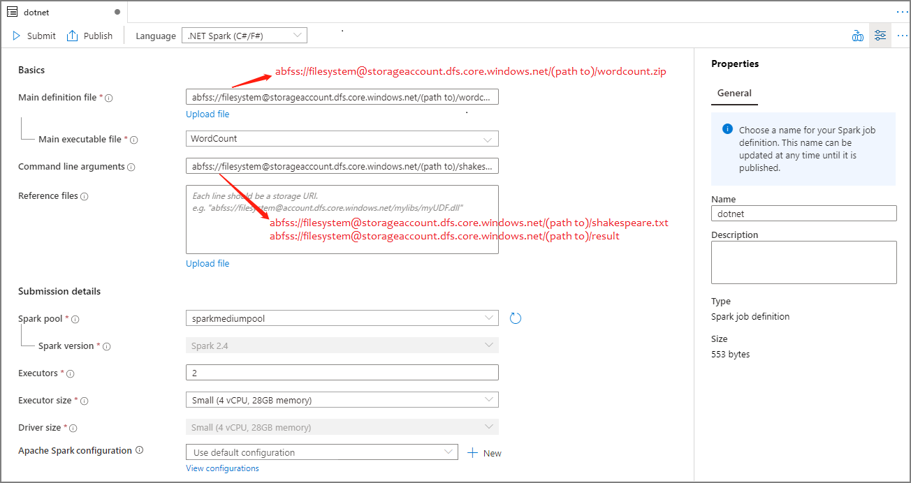 Définir les valeurs de la définition de travail Spark pour dotnet