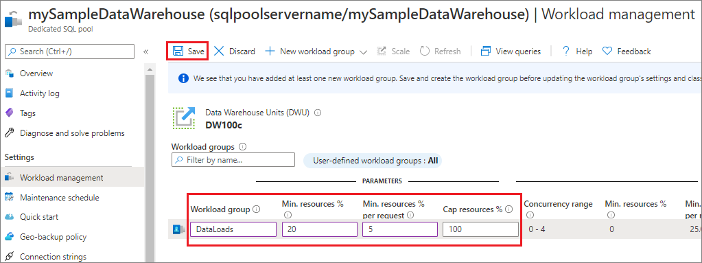 Capture d’écran du portail Azure, page de gestion de charge de travail pour un pool SQL dédié. Enregistrer sélectionné.