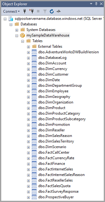 Capture d’écran de l’Explorateur d’objets de SQL Server Management Studio montrant des objets de base de données.